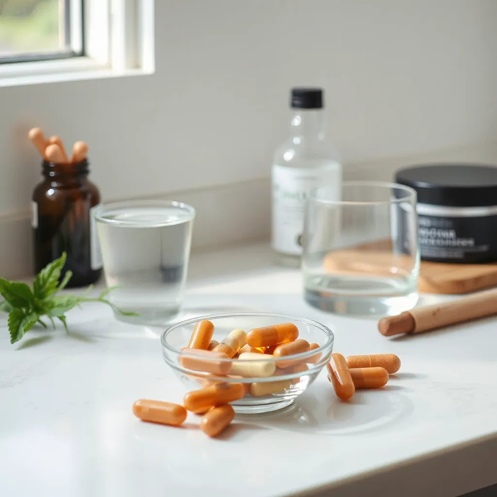 Clean countertop with wellness supplement capsules, water, and green leaves under soft morning light