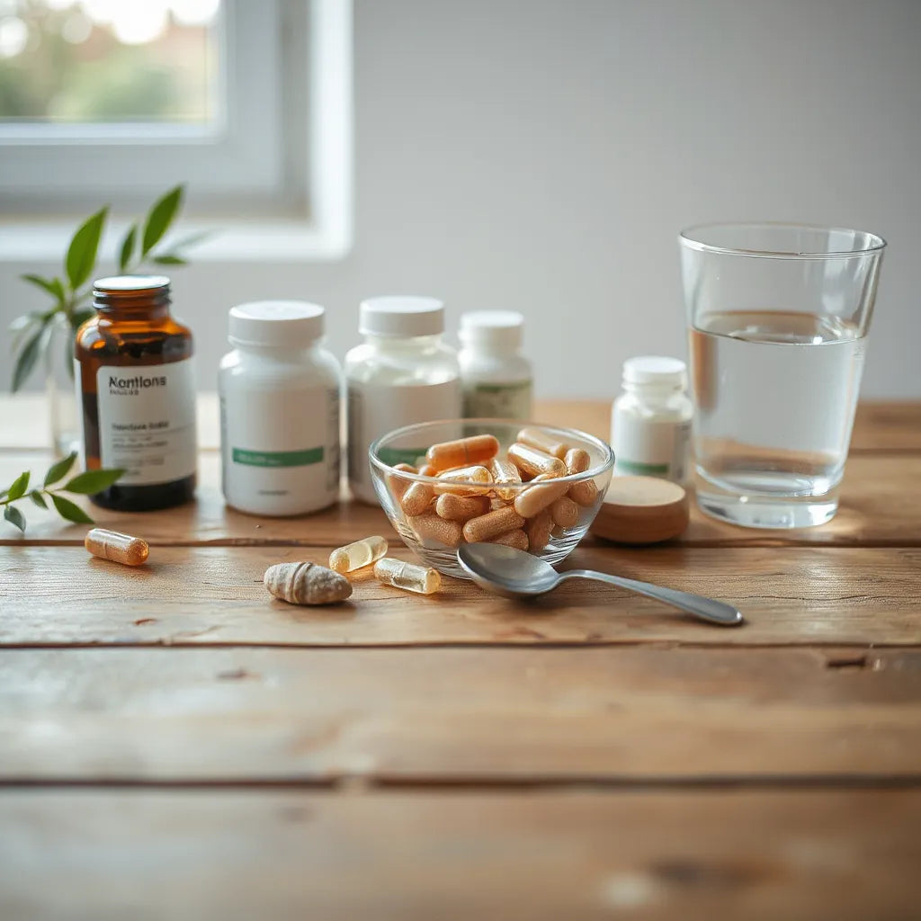 Minimal arrangement of capsules, supplement bottles, and a glass of water on a wooden table