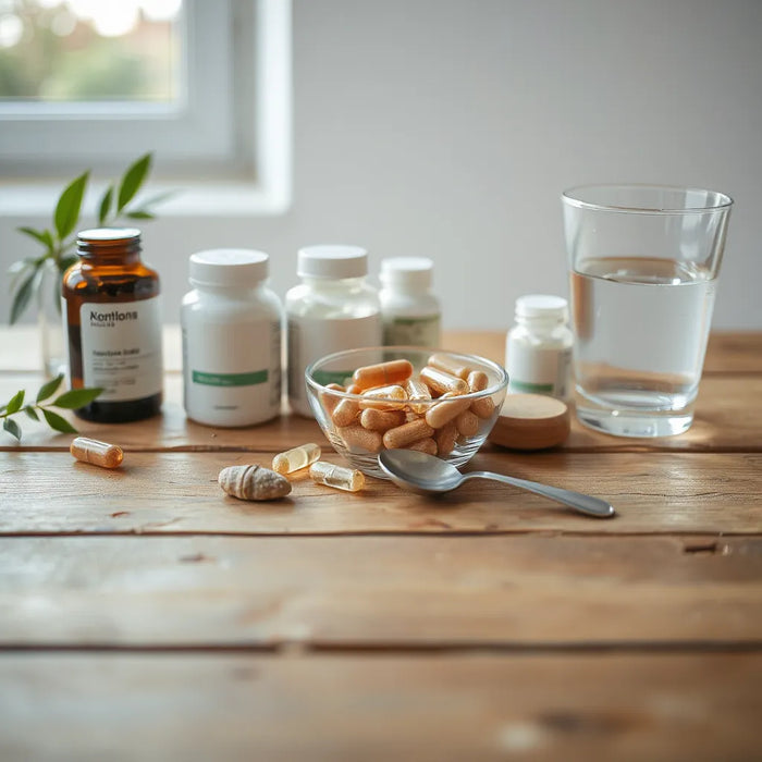 Minimal arrangement of capsules, supplement bottles, and a glass of water on a wooden table