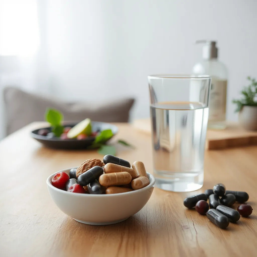 Small bowl of capsules and natural ingredients beside water in soft morning light for wellness longevity