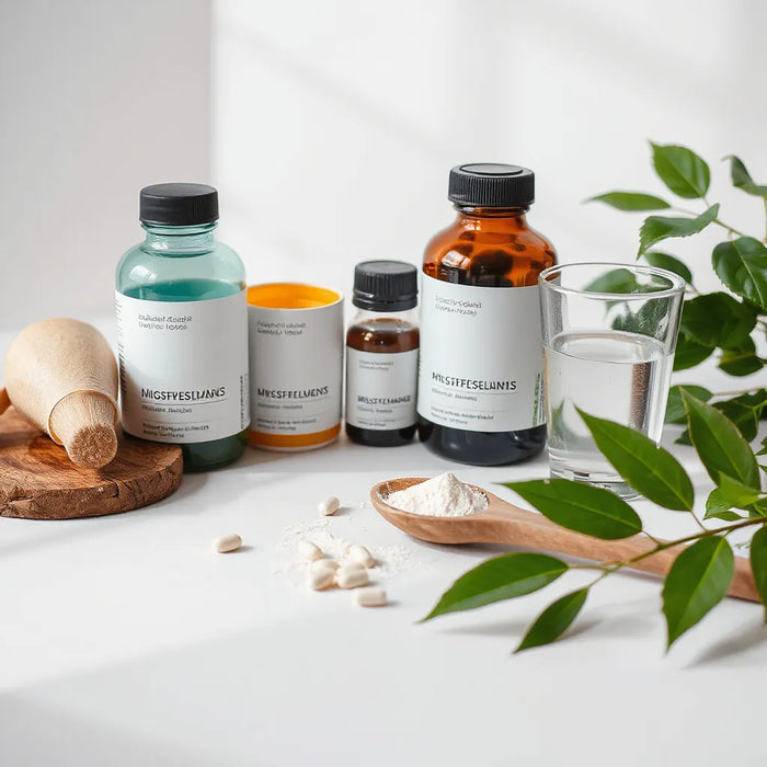Wellness supplements set with water and natural greenery in soft morning light