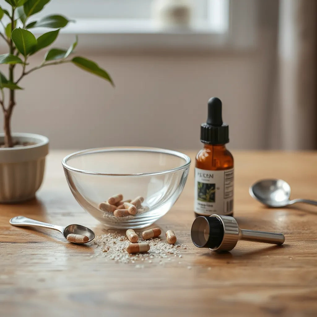 Capsules and supplement powders on a wooden table with a bottle and soft morning light