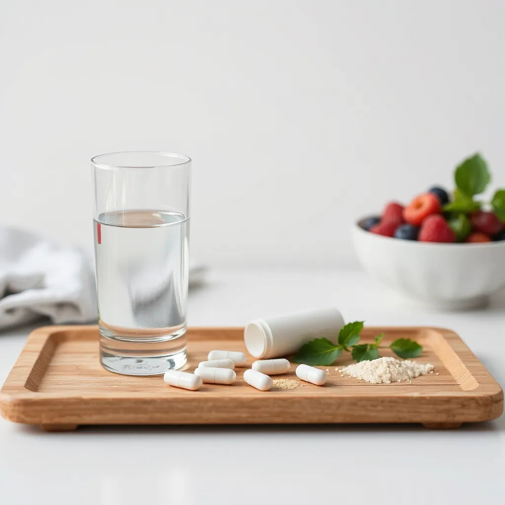 Assorted supplement capsules and powders on a wooden tray with fresh greens and soft morning light