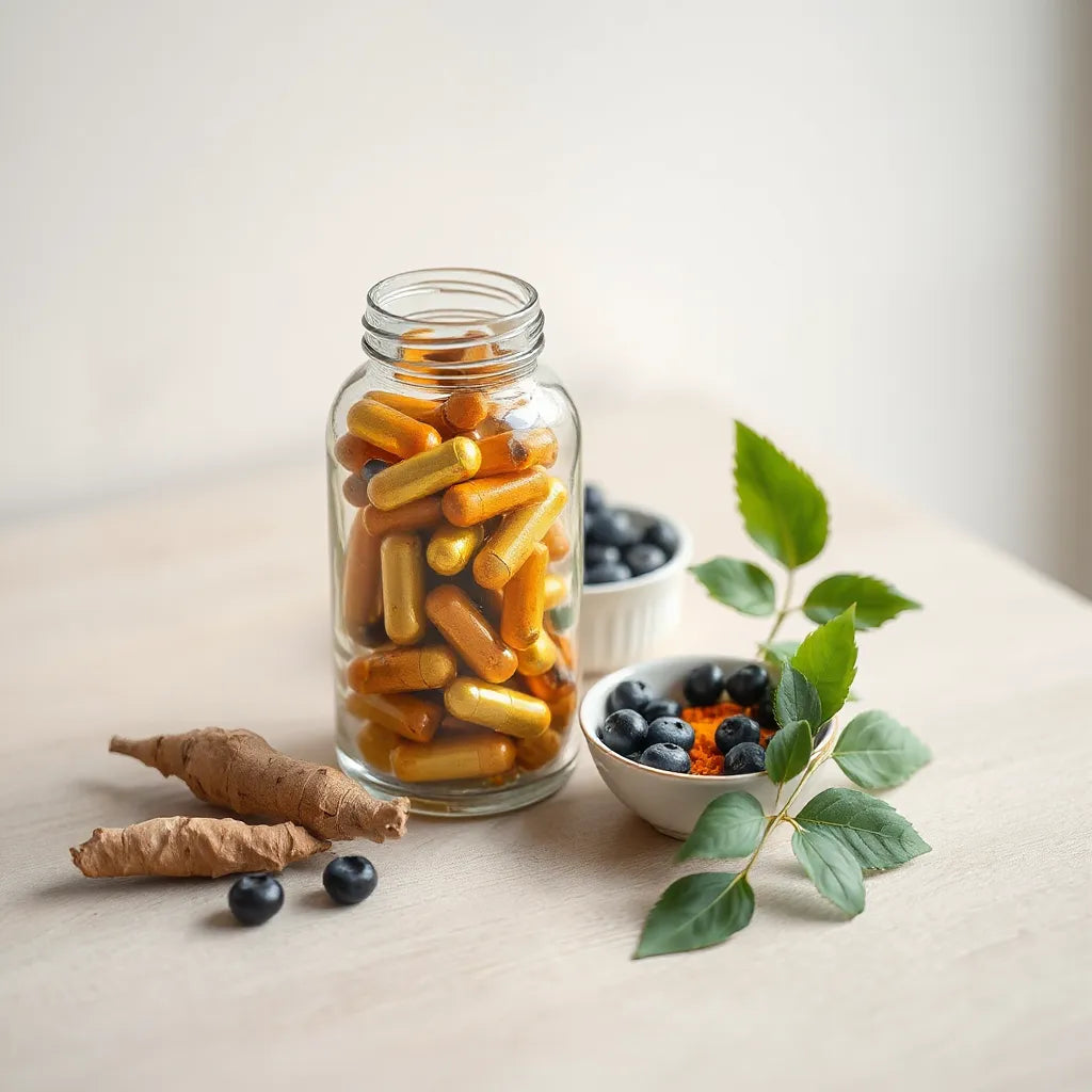 Clear capsules and natural ingredients on a light wood surface with soft morning light
