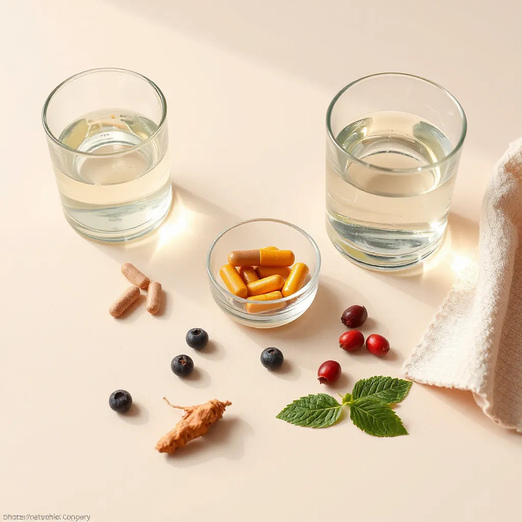 Capsules and natural wellness ingredients beside a glass of water on a clean, bright background