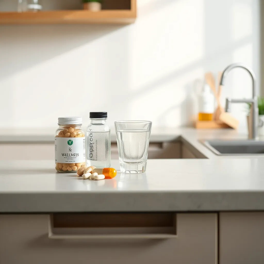 Minimal wellness supplements on a clean countertop with water and soft skincare elements in warm light