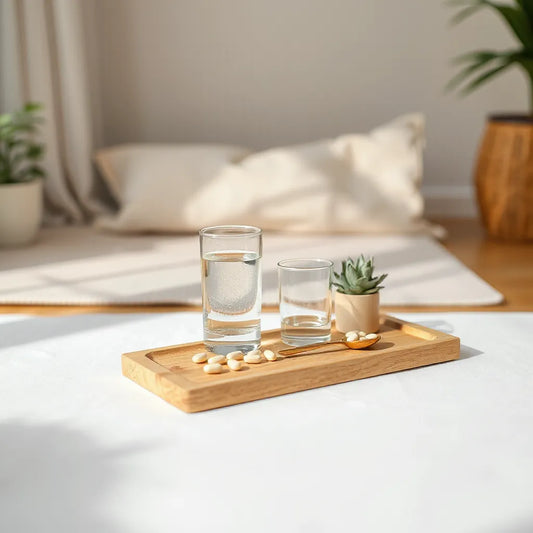 Supplement capsules and water on a wooden tray with soft natural morning light