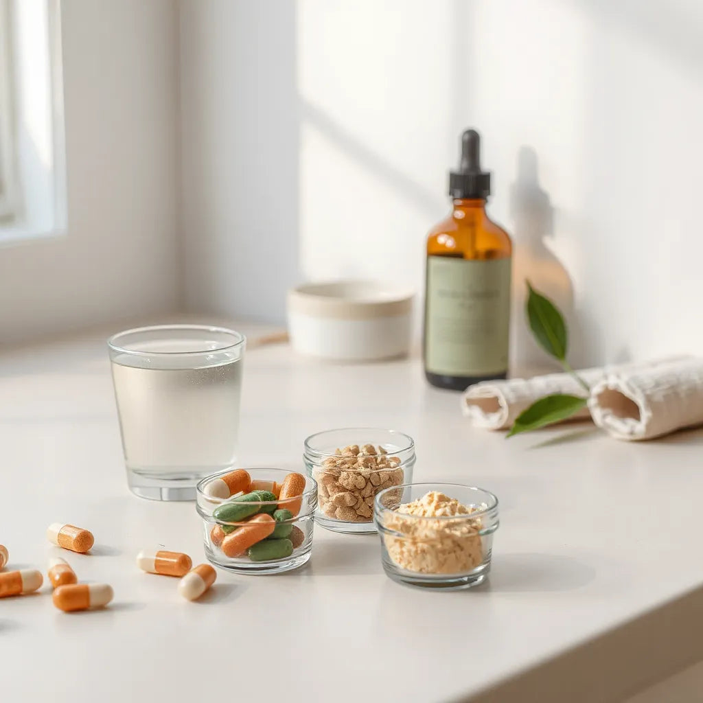 Neatly arranged wellness capsules and powders beside water and simple skincare items on a clean countertop