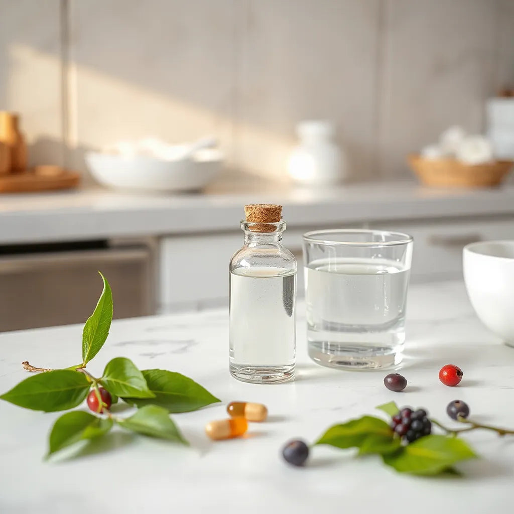 Glass bottle with capsules, water, and natural ingredients on a bright, calm wellness countertop