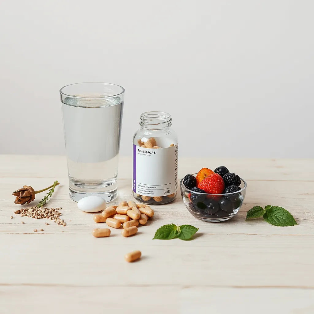 Unbranded wellness supplements, capsules, water, and berries arranged on a light table for anti-aging and longevity guidance