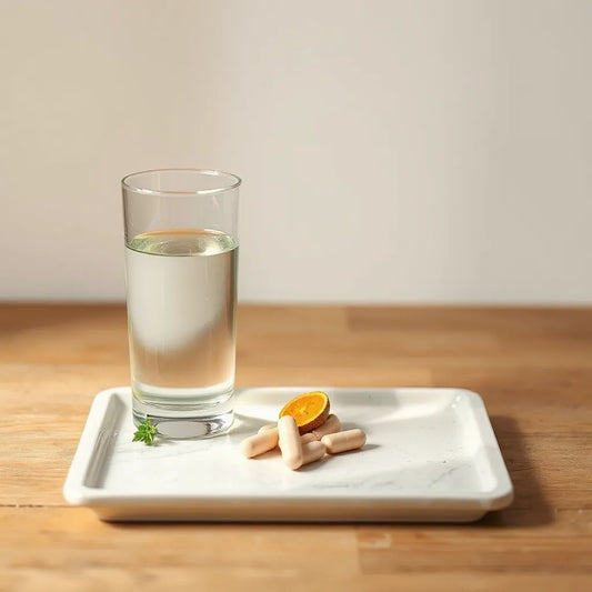 Natural supplement capsules and herbal ingredients beside a glass of water in soft morning light