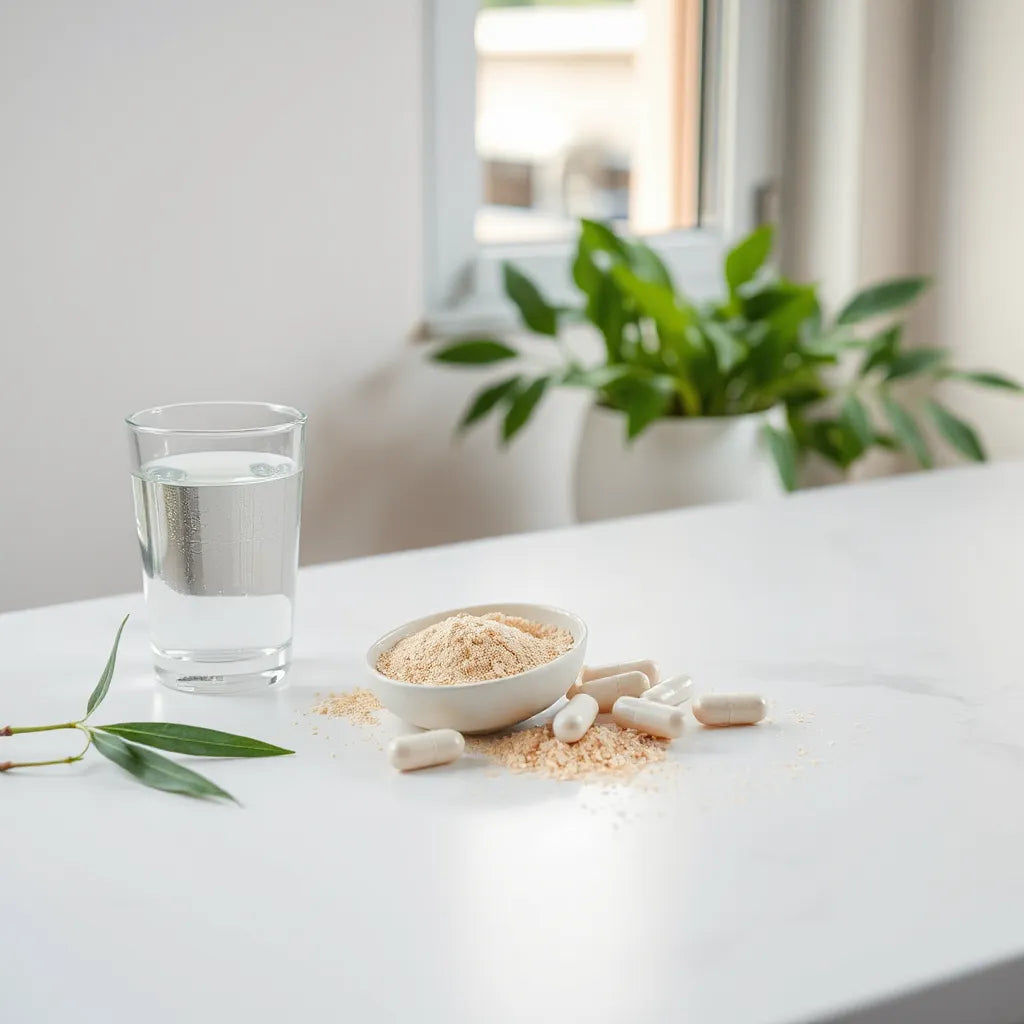Neatly arranged capsules and powders beside water on a bright, plant-filled countertop