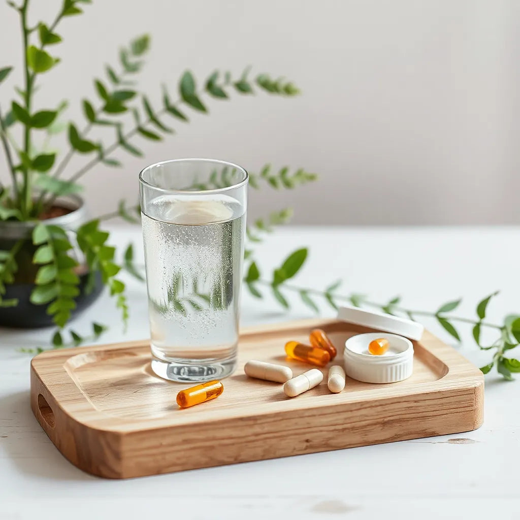 Natural supplement capsules beside water on a minimal tray with soft morning light and greenery