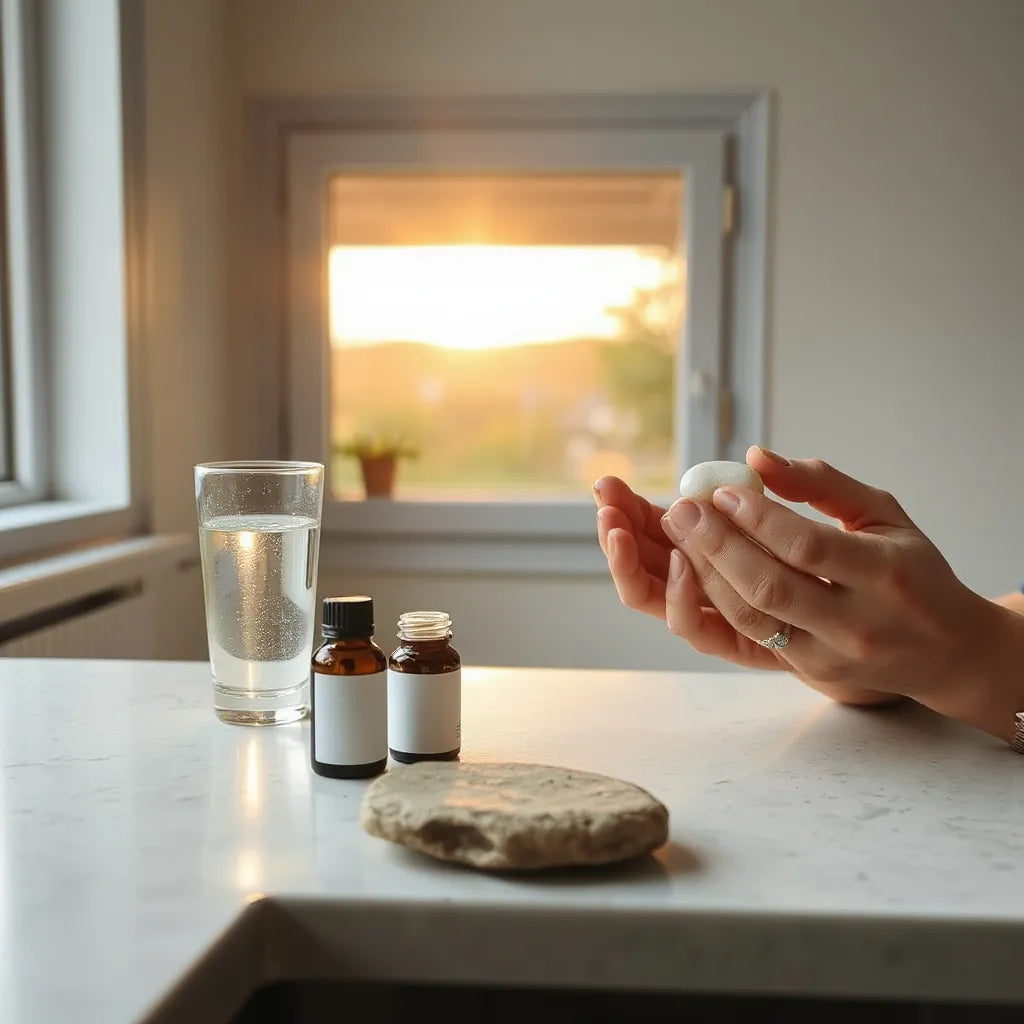 Minimal wellness scene with water and unlabeled supplement bottles near hands and a soft sunrise glow