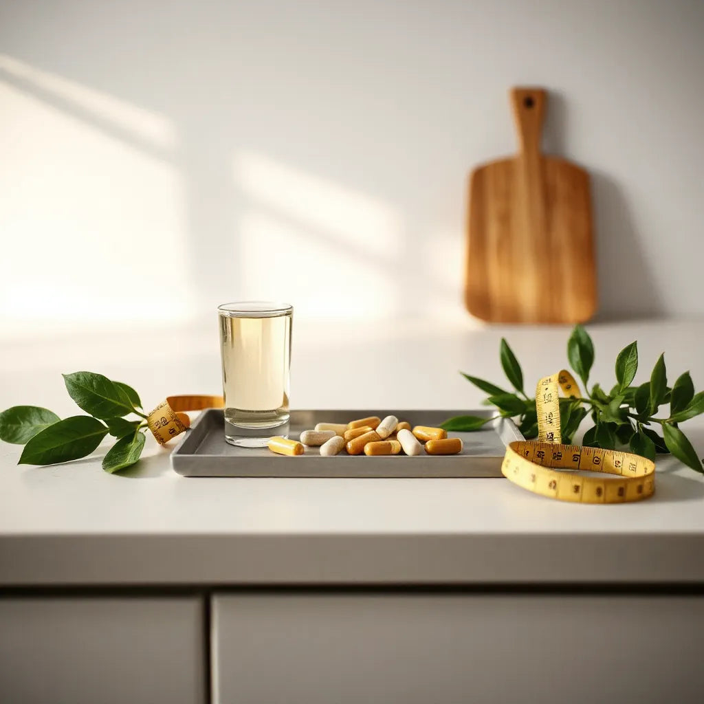 Natural supplements on a tray with water and leaves, suggesting daily support for longevity and anti-aging