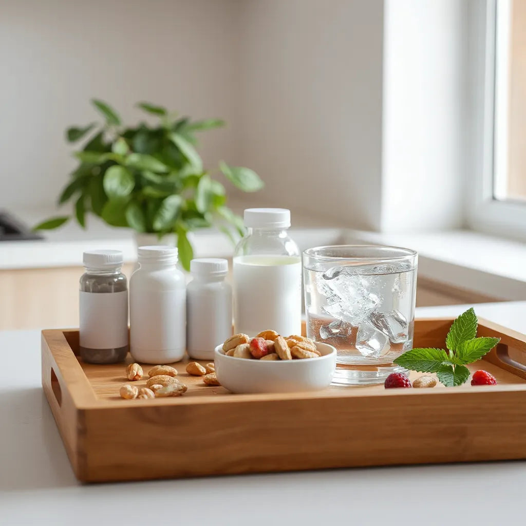 Unlabeled supplement bottles, water, and nuts on a clean countertop with soft natural light