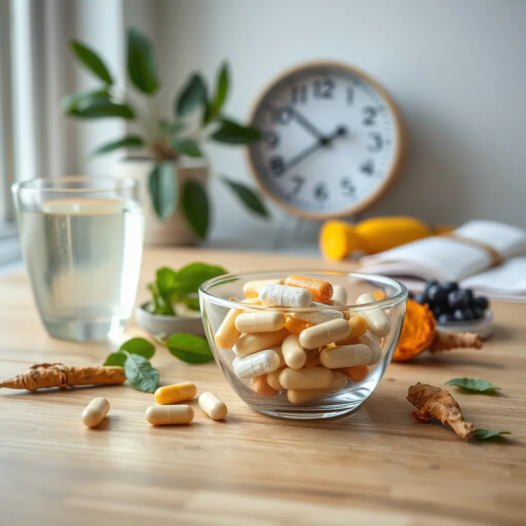 Wellness supplements with water and natural ingredients on a wooden table in soft morning light
