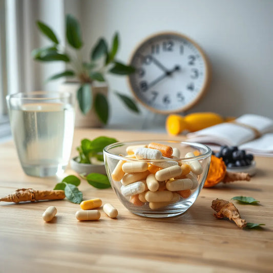 Wellness supplements with water and natural ingredients on a wooden table in soft morning light