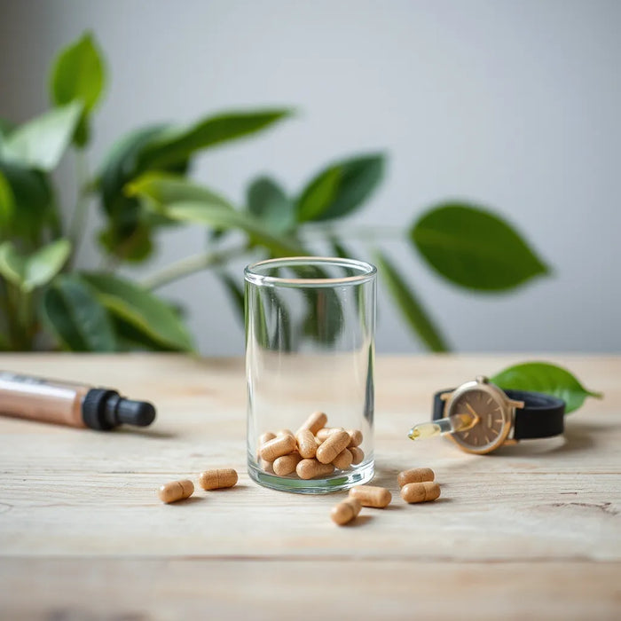 Jar of wellness supplements and capsules on a clean surface with soft morning light