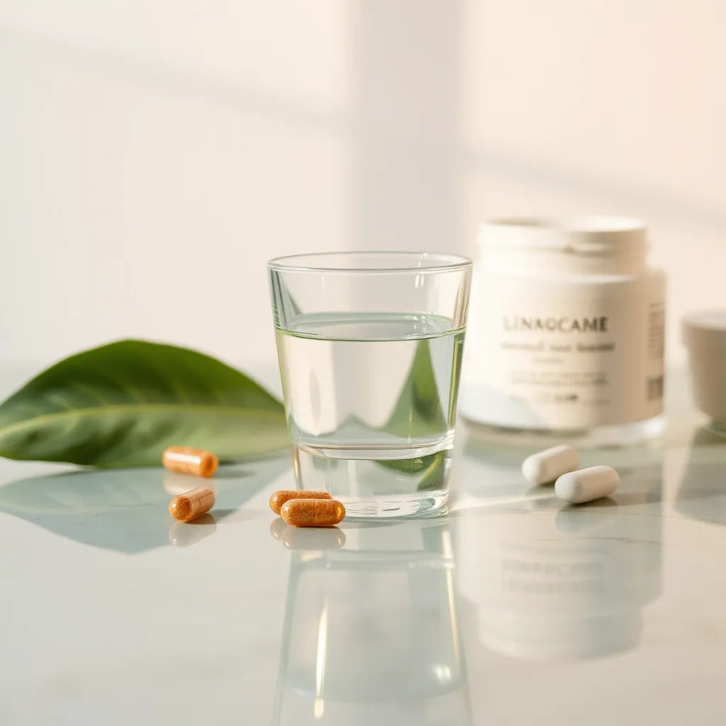 Capsules and water on a clean counter with soft-focus wellness items in the background