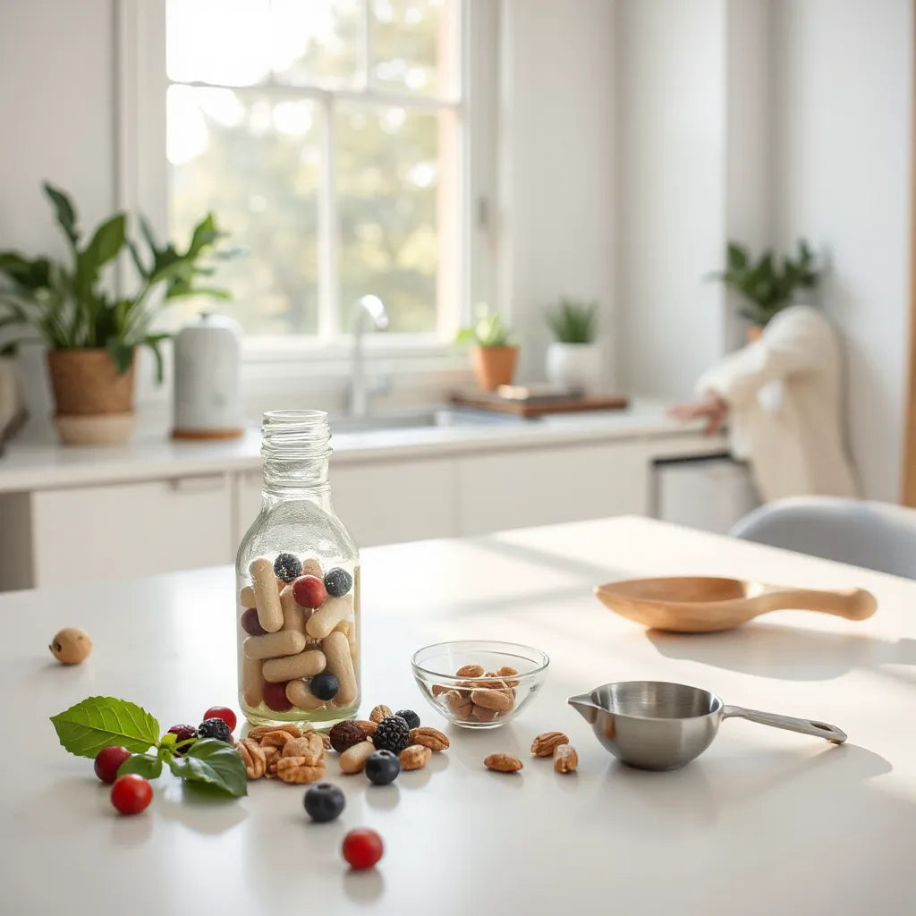 Wellness supplements and natural ingredients on a kitchen counter beside a person stretching by a window