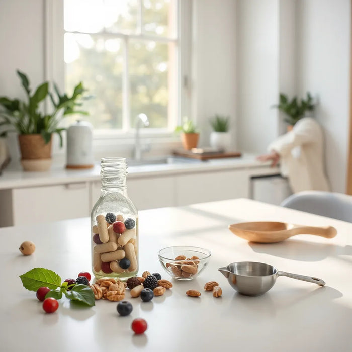 Wellness supplements and natural ingredients on a kitchen counter beside a person stretching by a window