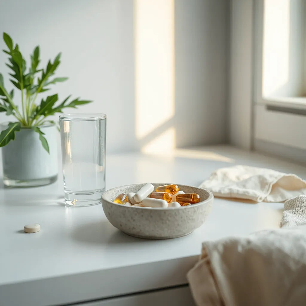 Natural supplement capsules and water on a clean countertop with soft morning light and a plant backdrop