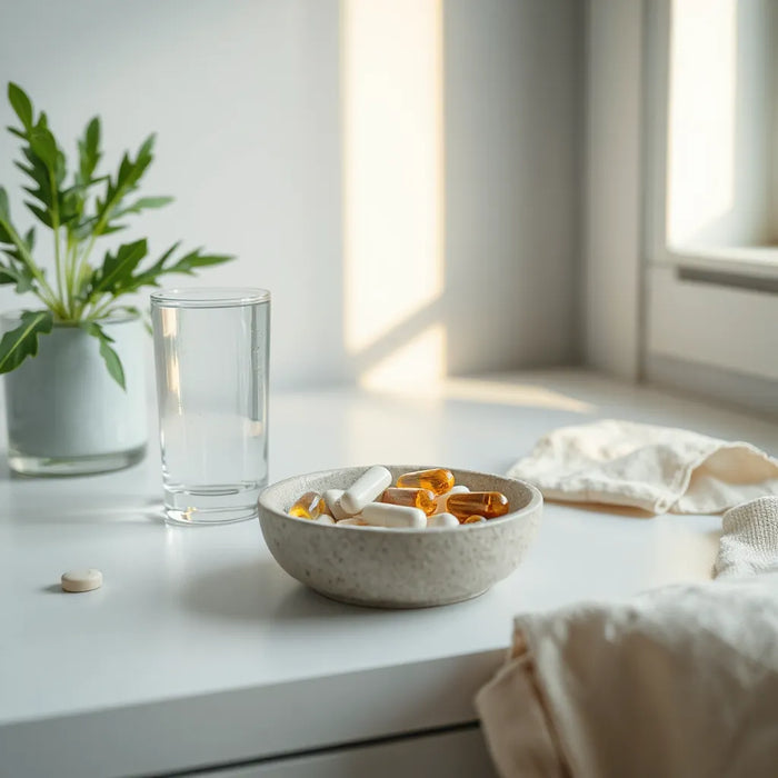 Natural supplement capsules and water on a clean countertop with soft morning light and a plant backdrop