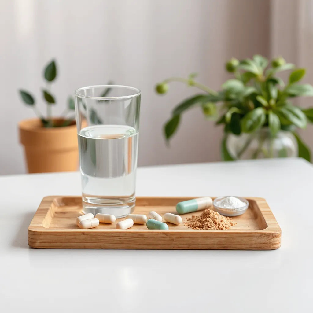 Neatly arranged supplement capsules and powders beside water with warm natural light and greenery.