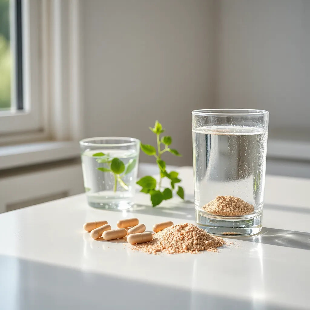 Neutral-toned supplement capsules and water on a bright kitchen counter with soft natural light