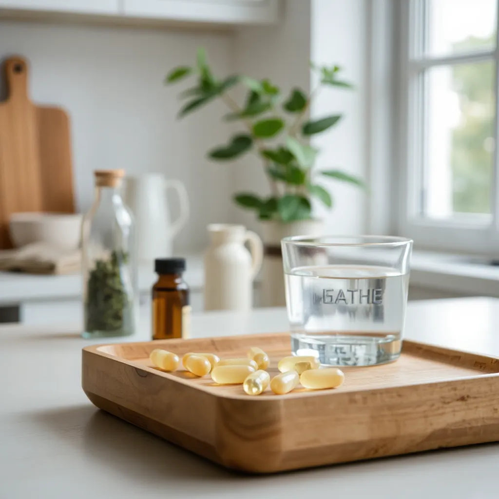 Assorted supplement capsules and a glass of water on a wooden tray in bright natural light