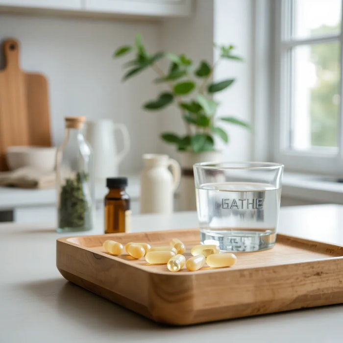 Assorted supplement capsules and a glass of water on a wooden tray in bright natural light