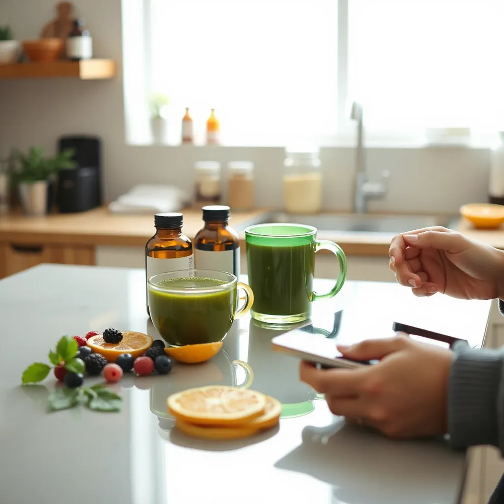 Natural supplement bottles and wellness foods on a bright countertop with a hand holding a tablet