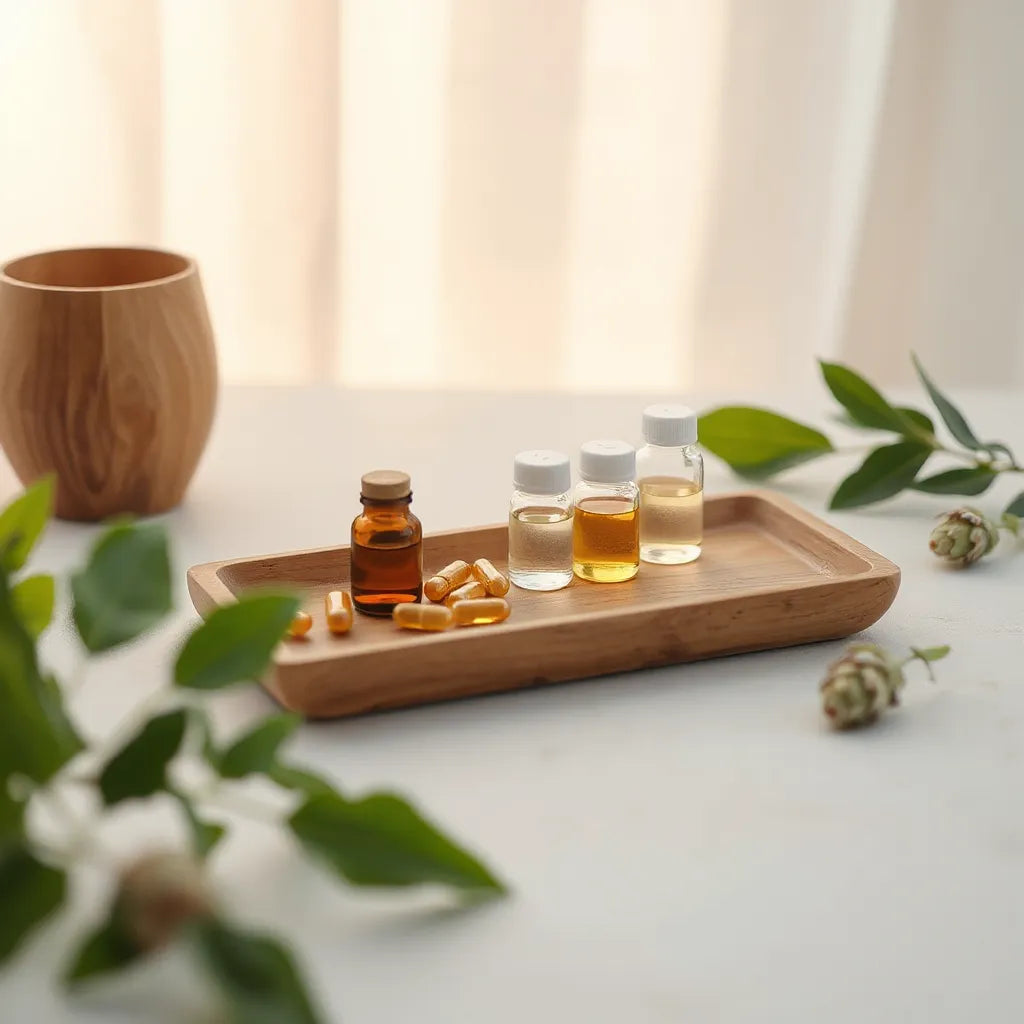 Neatly arranged supplement capsules and small bottles with green leaves in soft morning light