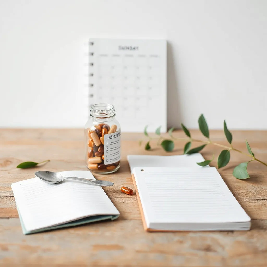 Bottles of capsules, a measuring spoon, and a blank notebook on a wooden table in soft daylight