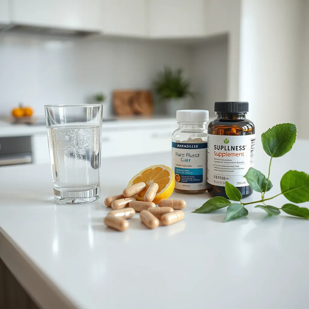Assortment of natural supplement capsules and bottles beside water, fruit, and leafy greens on a clean countertop