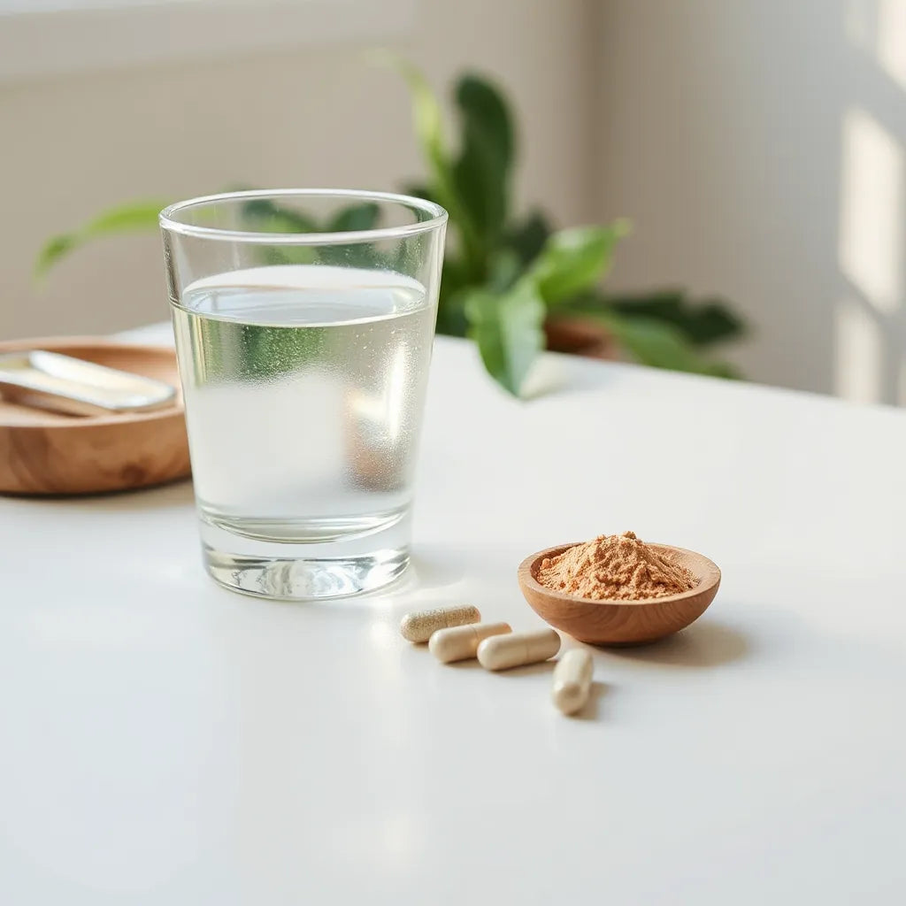 Minimally styled wellness scene with capsules, supplement powders, and a glass of water under soft morning light.