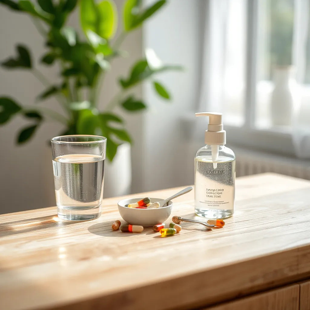 Assorted supplement capsules and wellness items on a clean countertop with soft natural light.