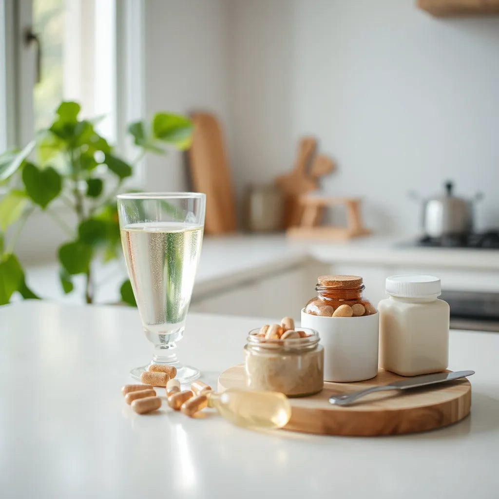 Natural supplement capsules and powders on a clean counter with daylight and a glass of water