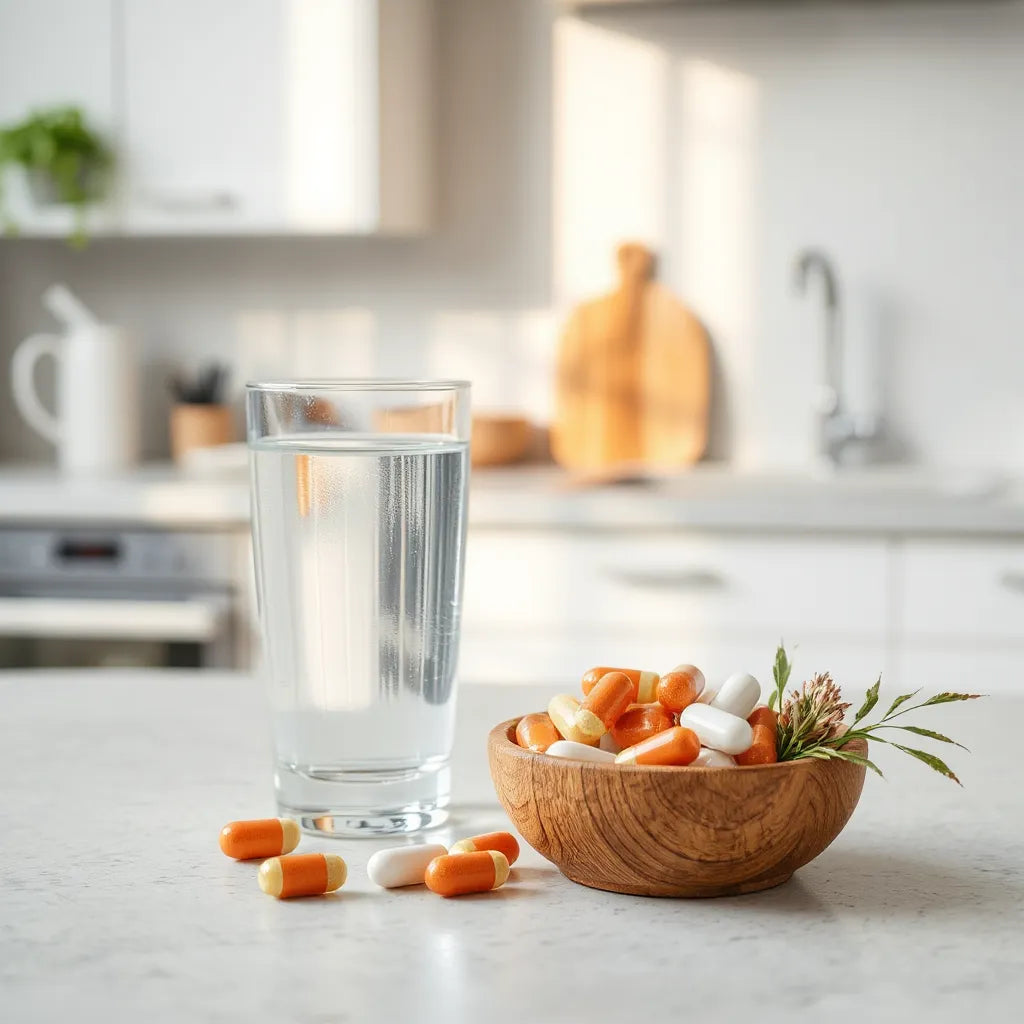 Capsule supplements and a glass of water on a clean countertop with soft greenery in the background