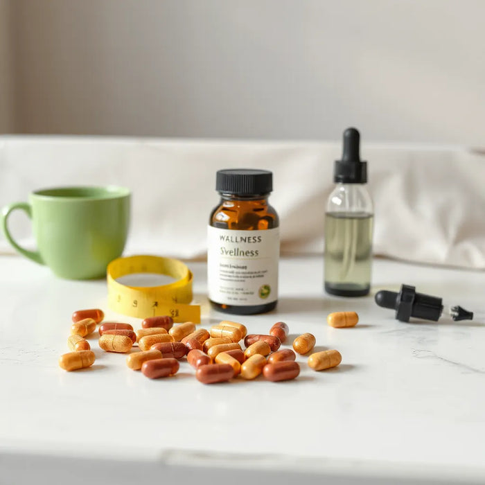 Assorted wellness supplements with a measuring tape and tea in soft natural light for longevity support.