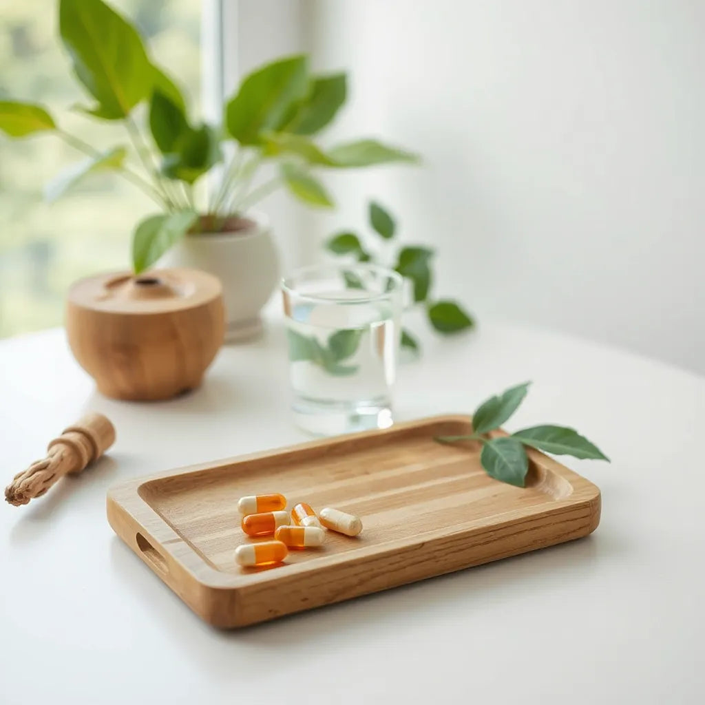 Neatly arranged supplement capsules beside a glass of water with soft natural greenery in the background
