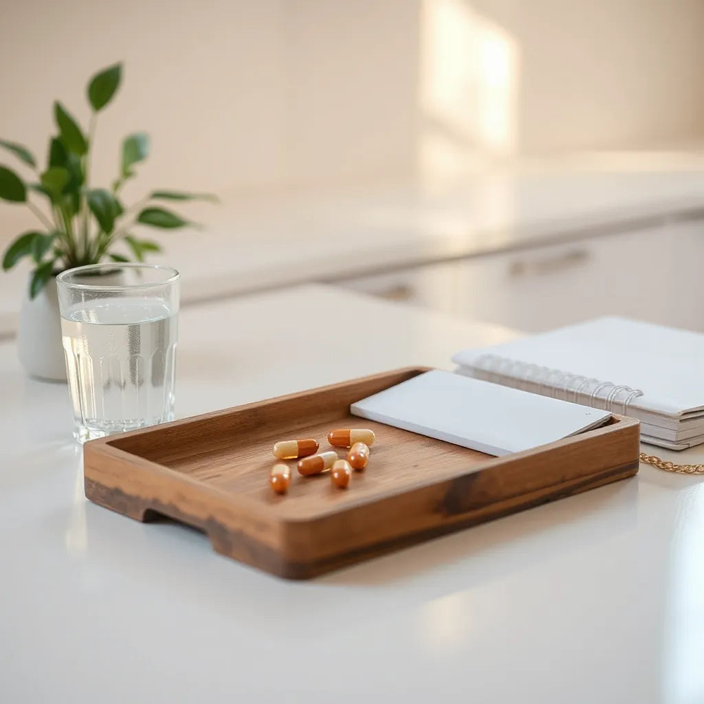 Warm morning still life with water, supplement capsules on a wooden tray, and a blank notebook on a clean counter