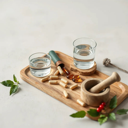 Supplements capsules and natural ingredients on a wooden tray with a glass of water