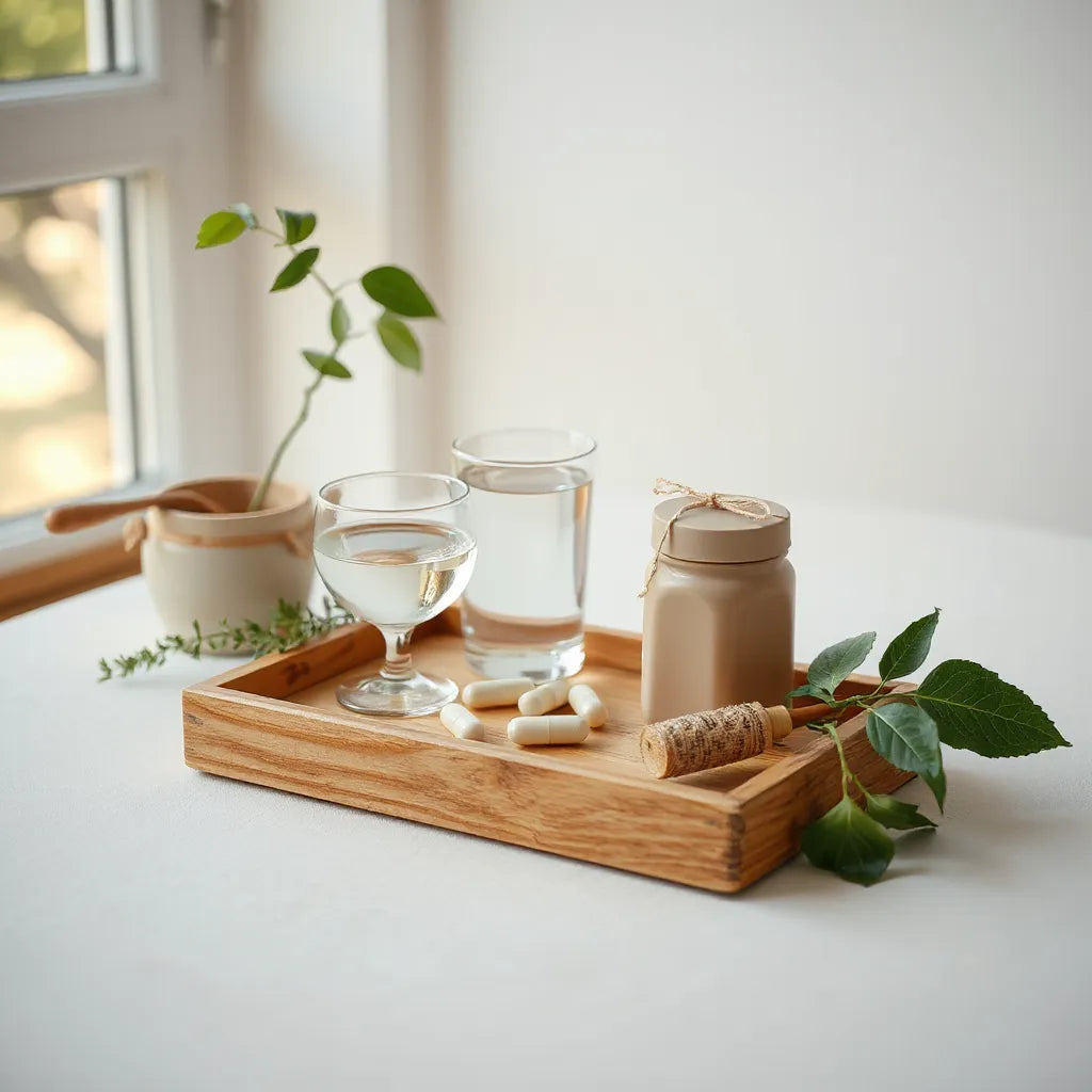 A tray with supplement capsules and water on a neutral background with soft morning light and wellness cues