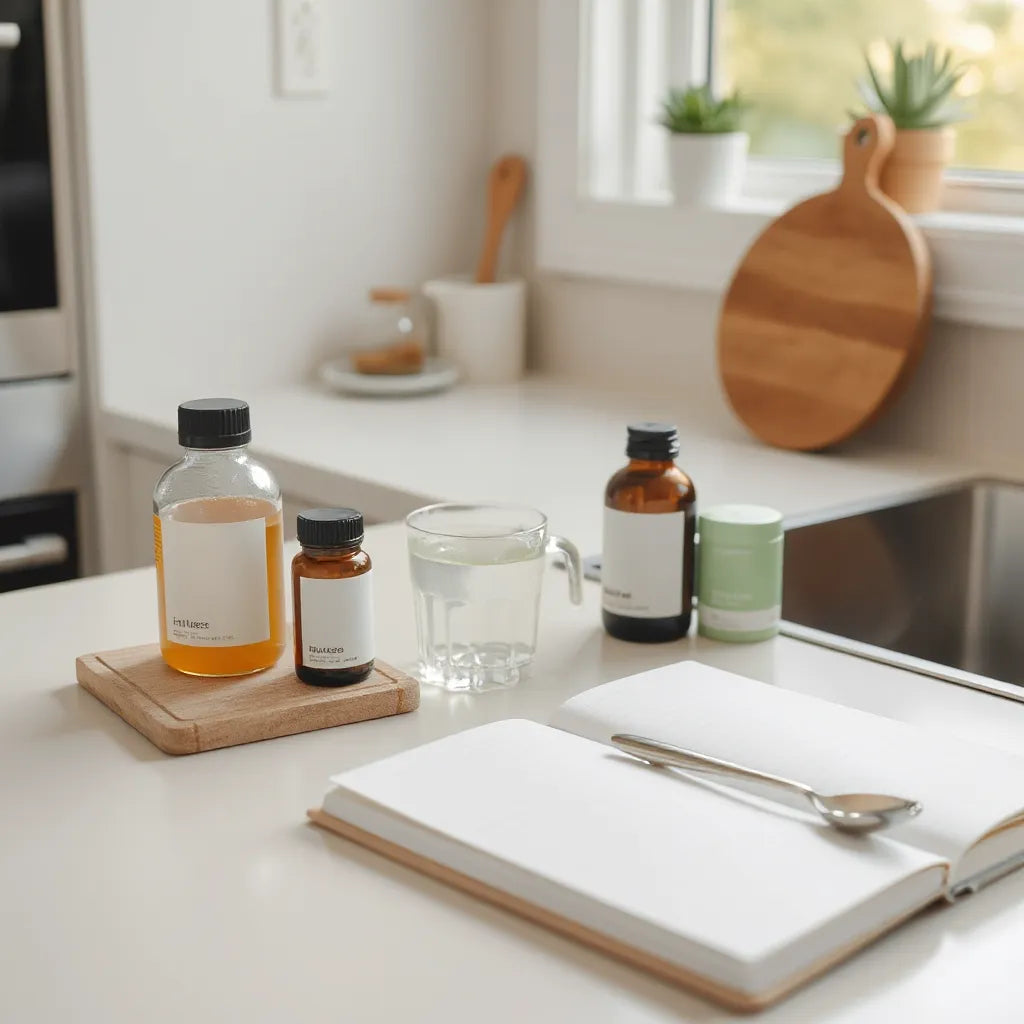 Neatly arranged wellness supplement bottles and a glass of water on a minimalist counter for longevity support