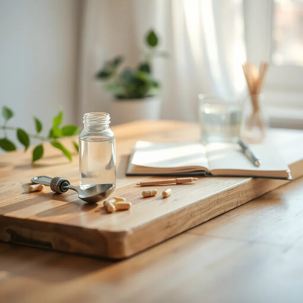 Supplements and water on a clean countertop with natural morning light, suggesting a longevity wellness routine