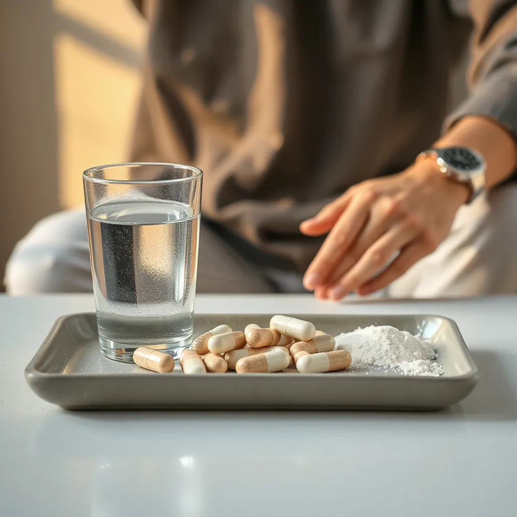 Minimally styled tray of unbranded supplement capsules with water and gentle wellness background