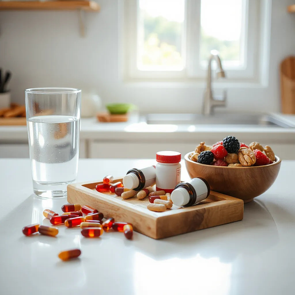 Capsules, water, and natural foods on a tray under morning light for a longevity supplements ingredient checklist