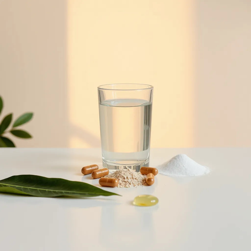 Capsules and a glass of water with minimal natural elements suggesting anti-aging wellness